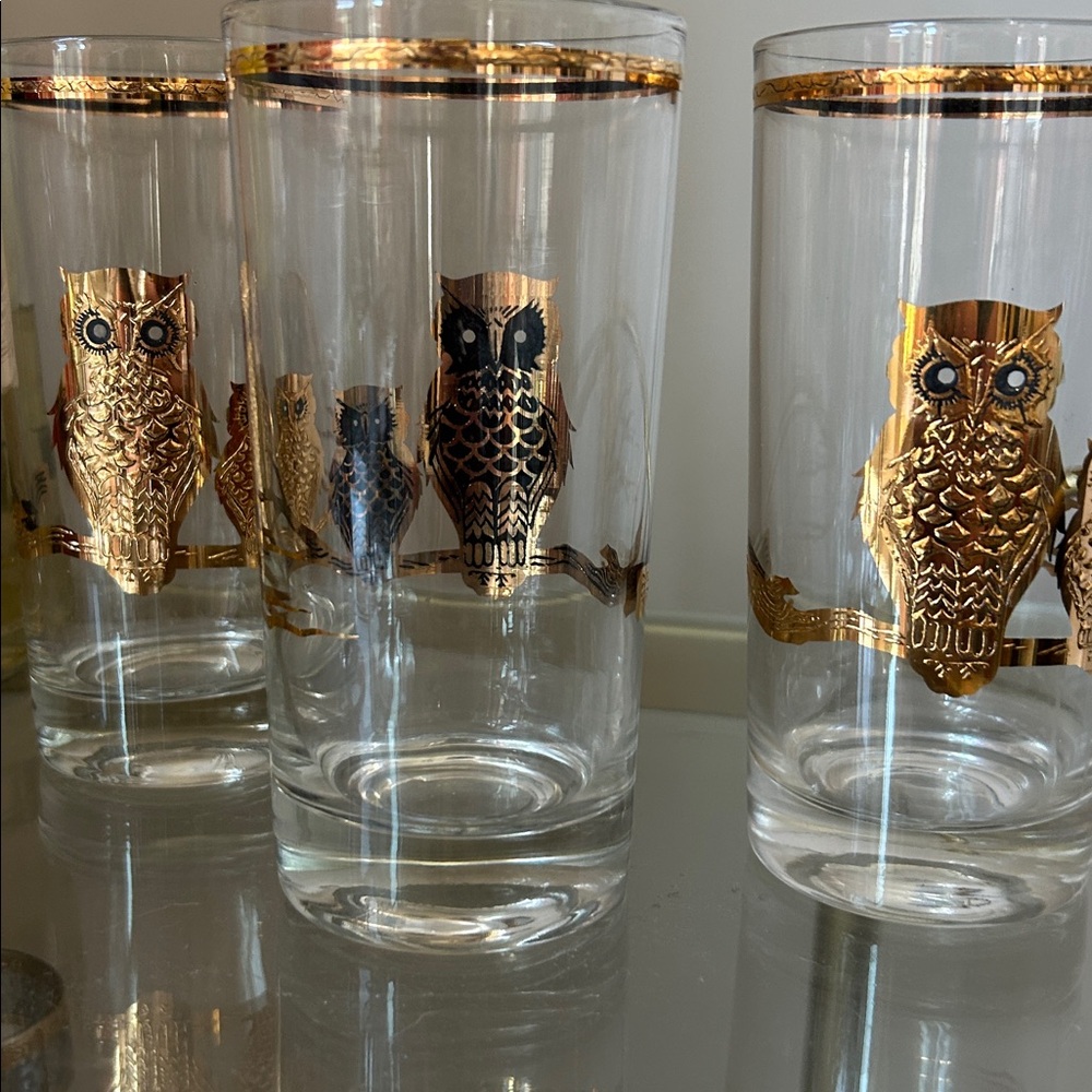 Culver Ltd. 22kt Gold Owls Highball Cocktail Glasses Vintage 1950-60s Set of 3 - Picture 8 of 14
